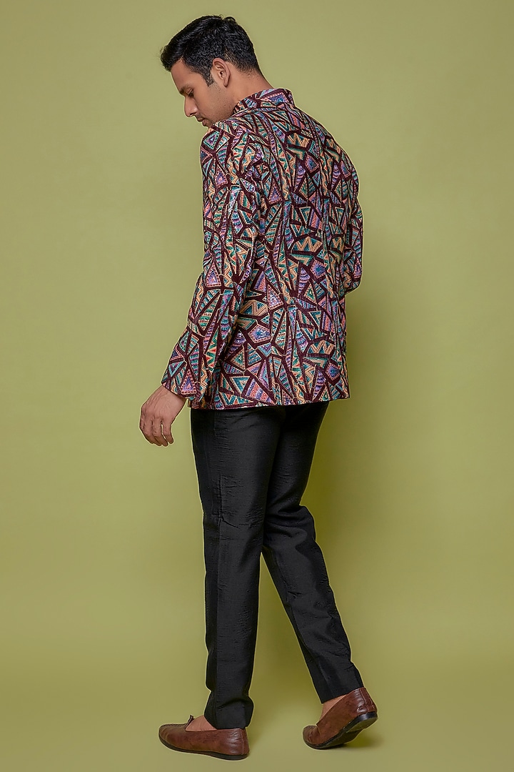 Maroon Suede Embroidered & Printed Jodhpuri Set by Nero by Shaifali & Satya at Pernia's Pop Up Shop