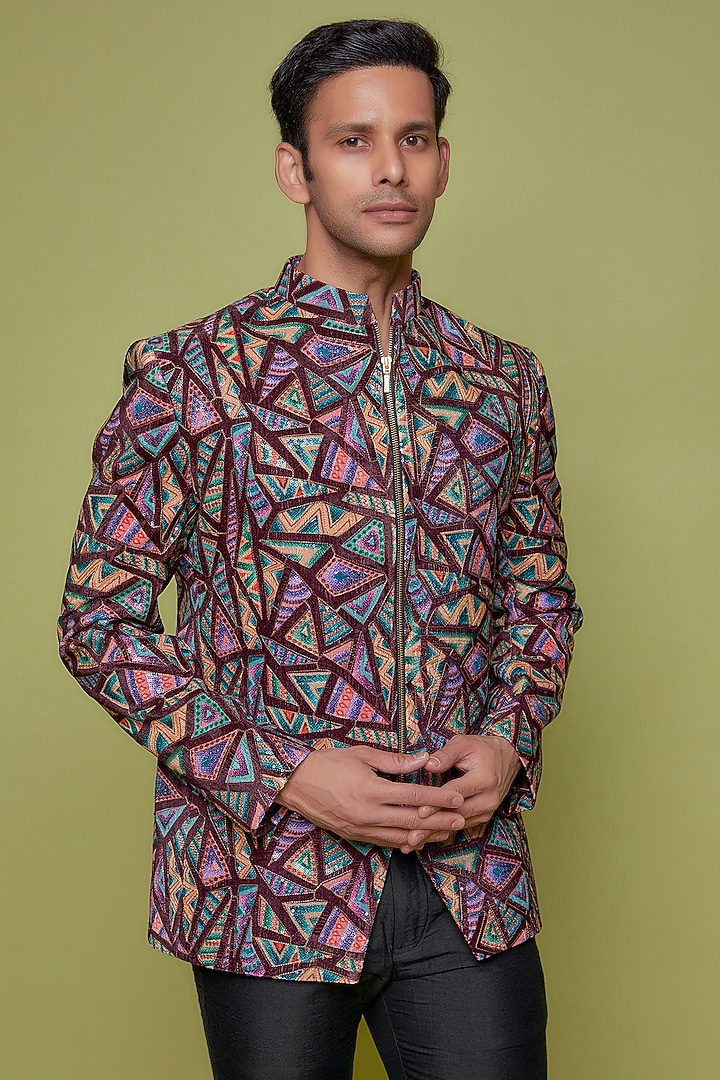 Maroon Suede Embroidered & Printed Jodhpuri Set by Nero by Shaifali & Satya at Pernia's Pop Up Shop