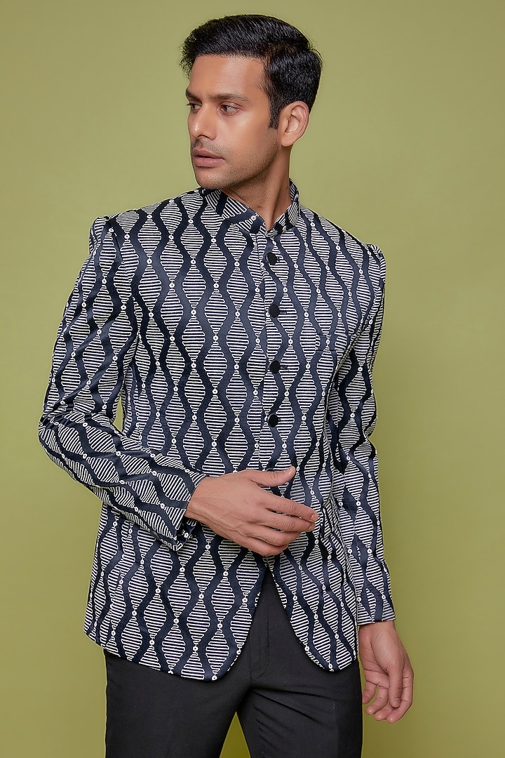 Blue Suiting Embroidered Jodhpuri Set by Nero by Shaifali & Satya at Pernia's Pop Up Shop
