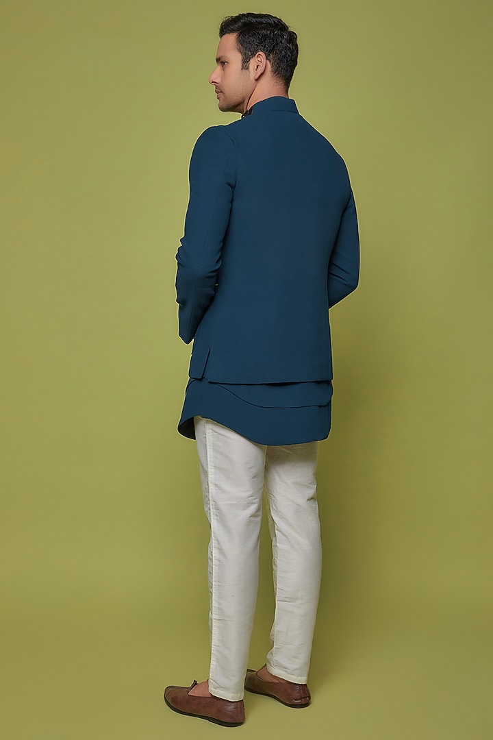 Blue Dobby Bundi Jacket With Kurta Set by Nero by Shaifali & Satya at Pernia's Pop Up Shop