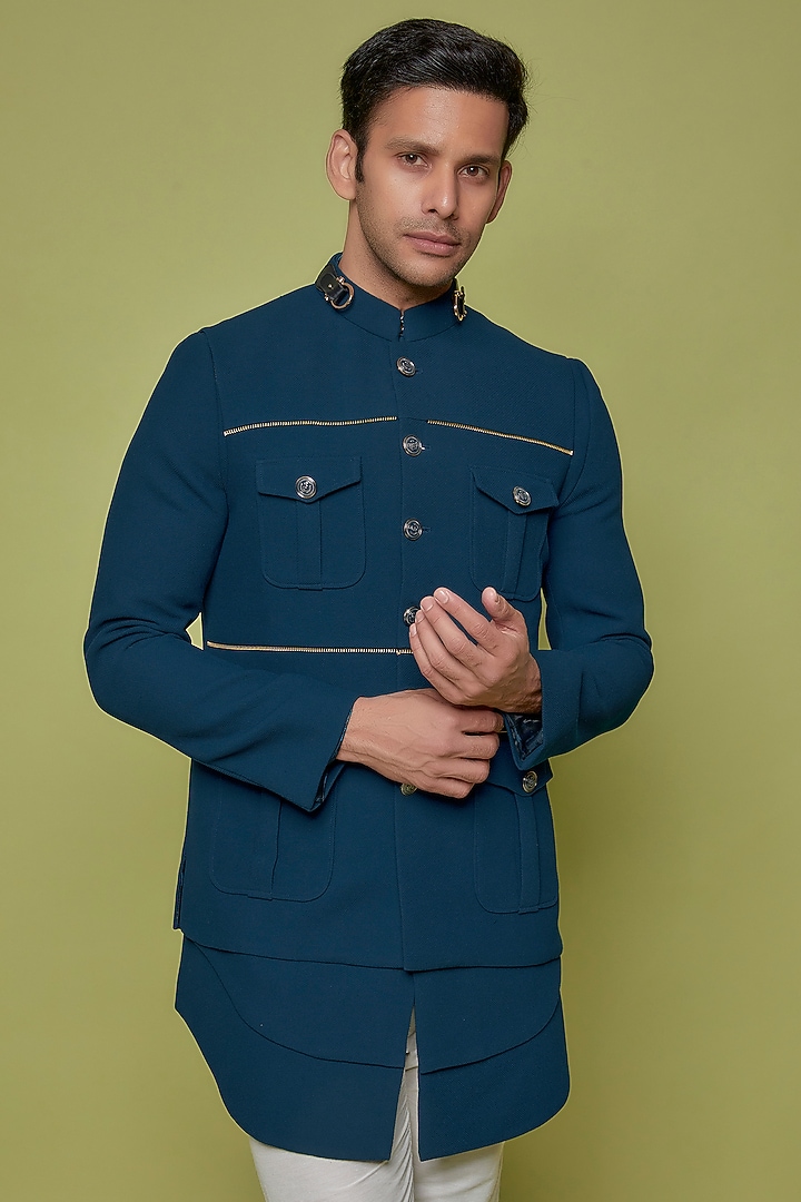 Blue Dobby Bundi Jacket With Kurta Set by Nero by Shaifali & Satya at Pernia's Pop Up Shop