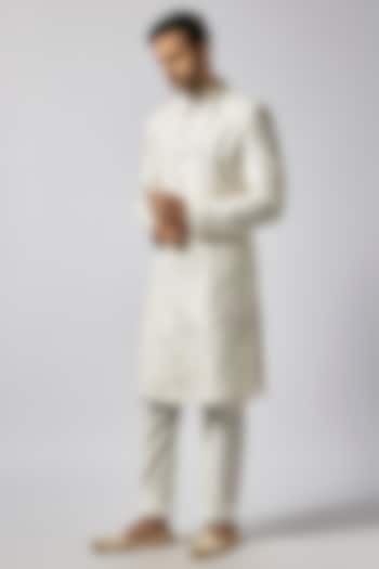 White Lucknowi Sequins Handwork Sherwani Set by Nero by Shaifali & Satya