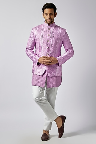 Purple Lucknowi Thread Embroidered & Printed Jodhpuri Set by Nero by Shaifali & Satya