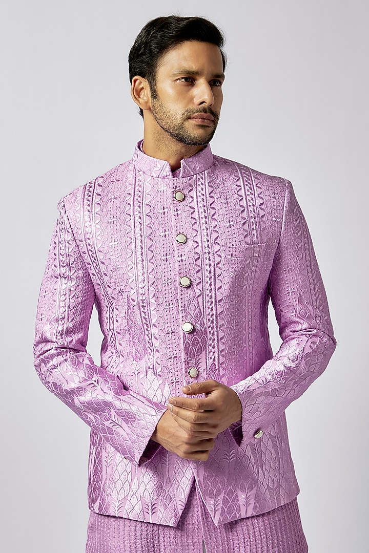 Purple Lucknowi Thread Embroidered & Printed Jodhpuri Set by Nero by Shaifali & Satya at Pernia's Pop Up Shop