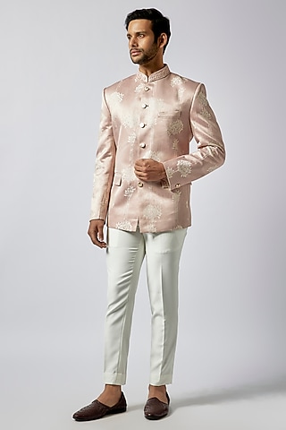 Peach Jacquard Floral Embroidered Jodhpuri Set by Nero by Shaifali & Satya