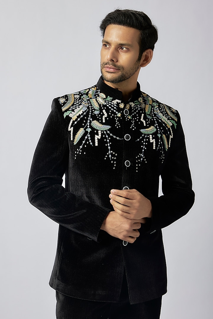 Black Velvet Handwork Jodhpuri Set by Nero by Shaifali & Satya at Pernia's Pop Up Shop