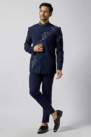 Blue Suiting Fabric Cutdana Work Jodhpuri Set by Nero by Shaifali & Satya