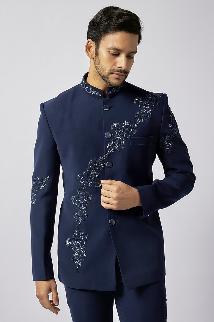 Blue Suiting Fabric Cutdana Work Jodhpuri Set by Nero by Shaifali & Satya at Pernia's Pop Up Shop