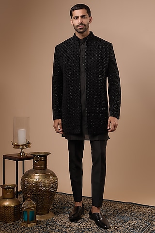 Black Lucknowi Self Embroidered Indowestern Set by Nero by Shaifali & Satya