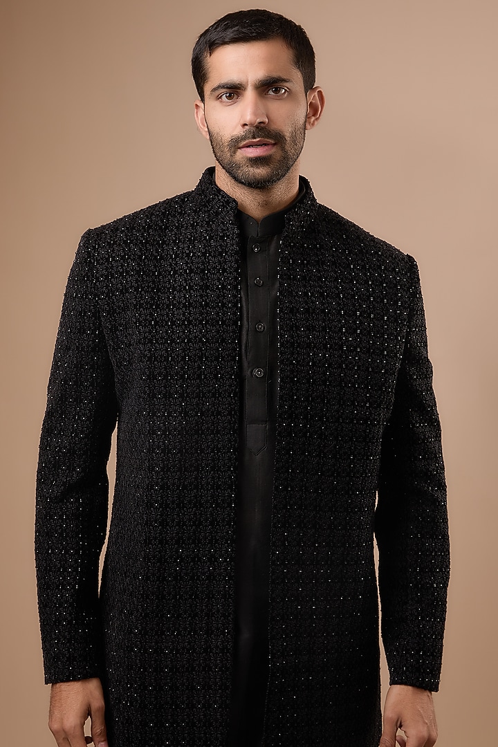 Black Lucknowi Self Embroidered Wedding Indowestern Set by Nero by Shaifali & Satya at Pernia's Pop Up Shop