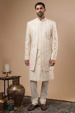Ivory Silk Thread Work Sherwani Set by Nero by Shaifali & Satya