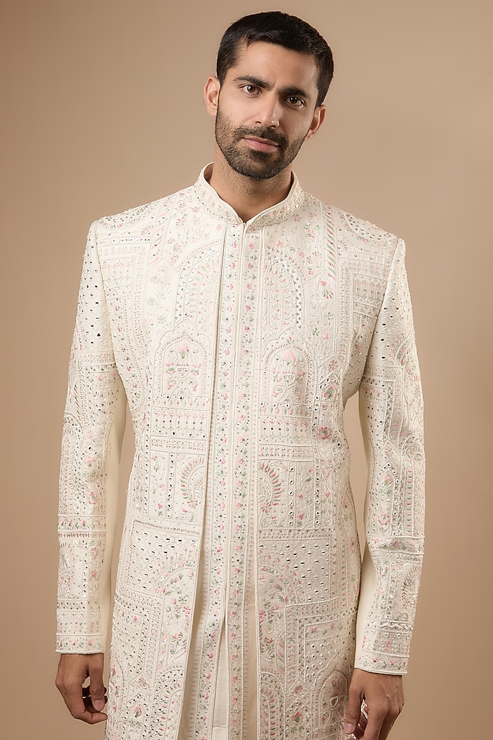 Ivory Silk Thread Work Groom Sherwani Set by Nero by Shaifali & Satya at Pernia's Pop Up Shop