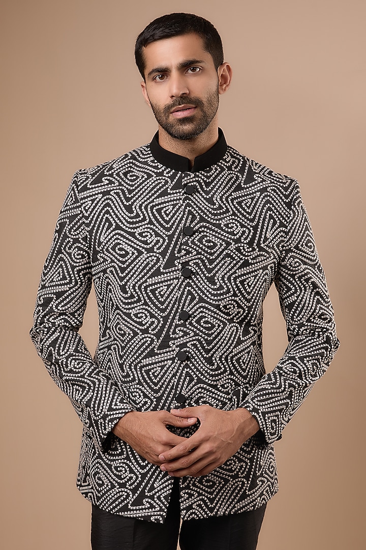 Black Silk Thread Work Jodhpuri Set by Nero by Shaifali & Satya at Pernia's Pop Up Shop