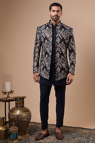 Blue Silk Self Embroidered Indowestern Set by Nero by Shaifali & Satya