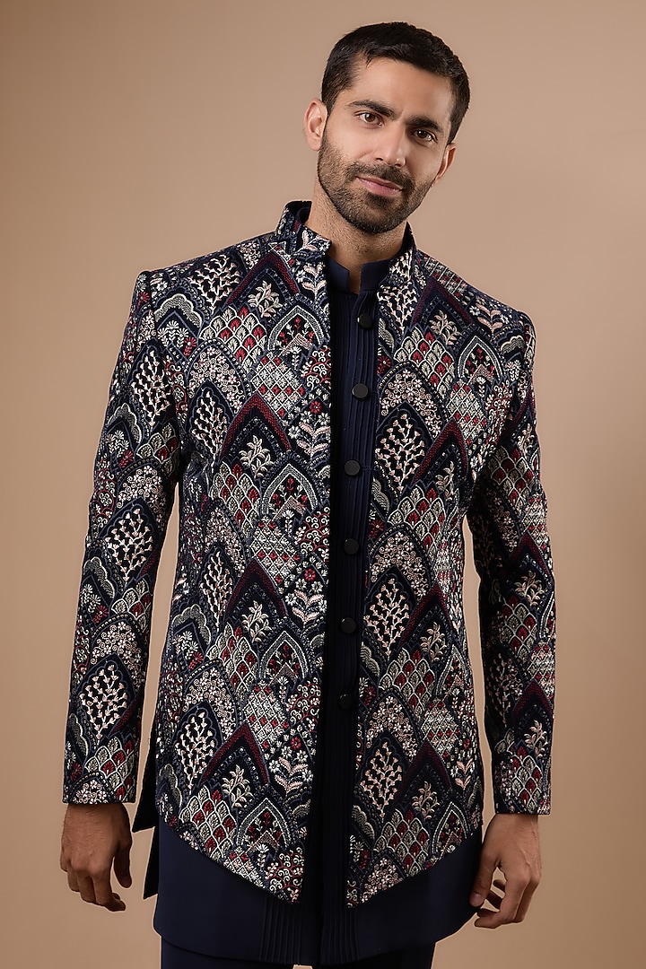 Blue Silk Self Embroidered Wedding Indowestern Set by Nero by Shaifali & Satya at Pernia's Pop Up Shop