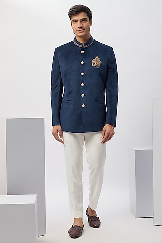 Blue Velvet Hand Work Jodhpuri Set by Nero by Shaifali & Satya