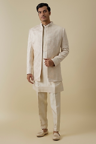 Ivory Lucknowi Handwork Open Indowestern Jacket Set by Nero By Shaifali & Satya