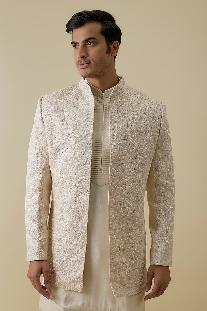Ivory Lucknowi Handwork Open Wedding Indowestern Jacket Set by Nero By Shaifali & Satya at Pernia's Pop Up Shop