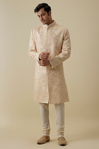 Beige Lucknowi Handwork Sherwani Set by Nero By Shaifali & Satya