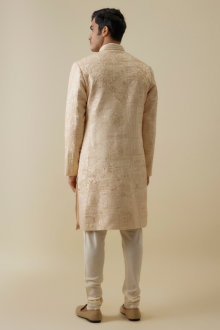 Beige Lucknowi Handwork Groom Sherwani Set by Nero By Shaifali & Satya at Pernia's Pop Up Shop
