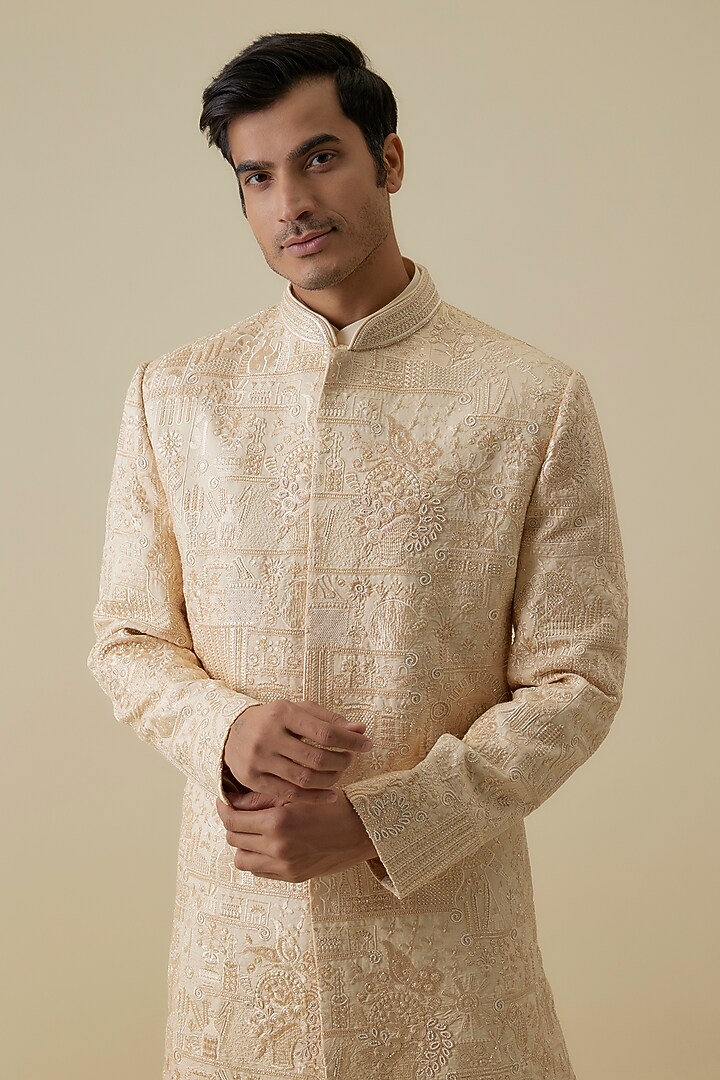 Beige Lucknowi Handwork Groom Sherwani Set by Nero By Shaifali & Satya at Pernia's Pop Up Shop