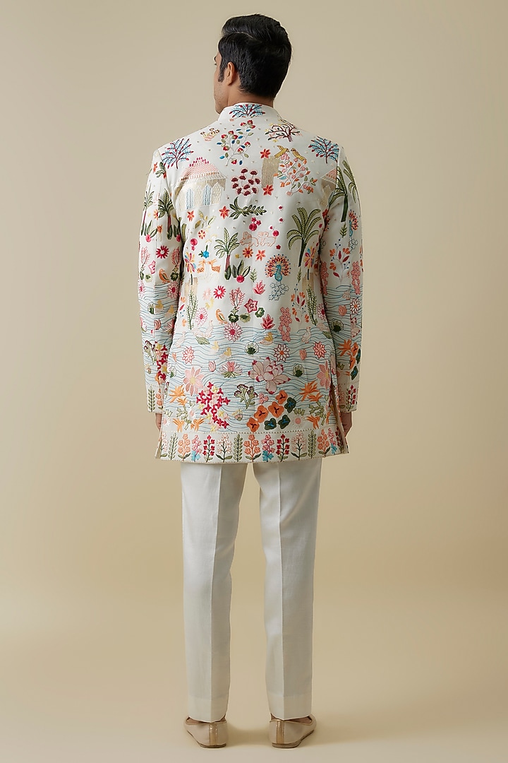 White Georgette Threadwork Open Wedding Indowestern Jacket Set by Nero By Shaifali & Satya at Pernia's Pop Up Shop