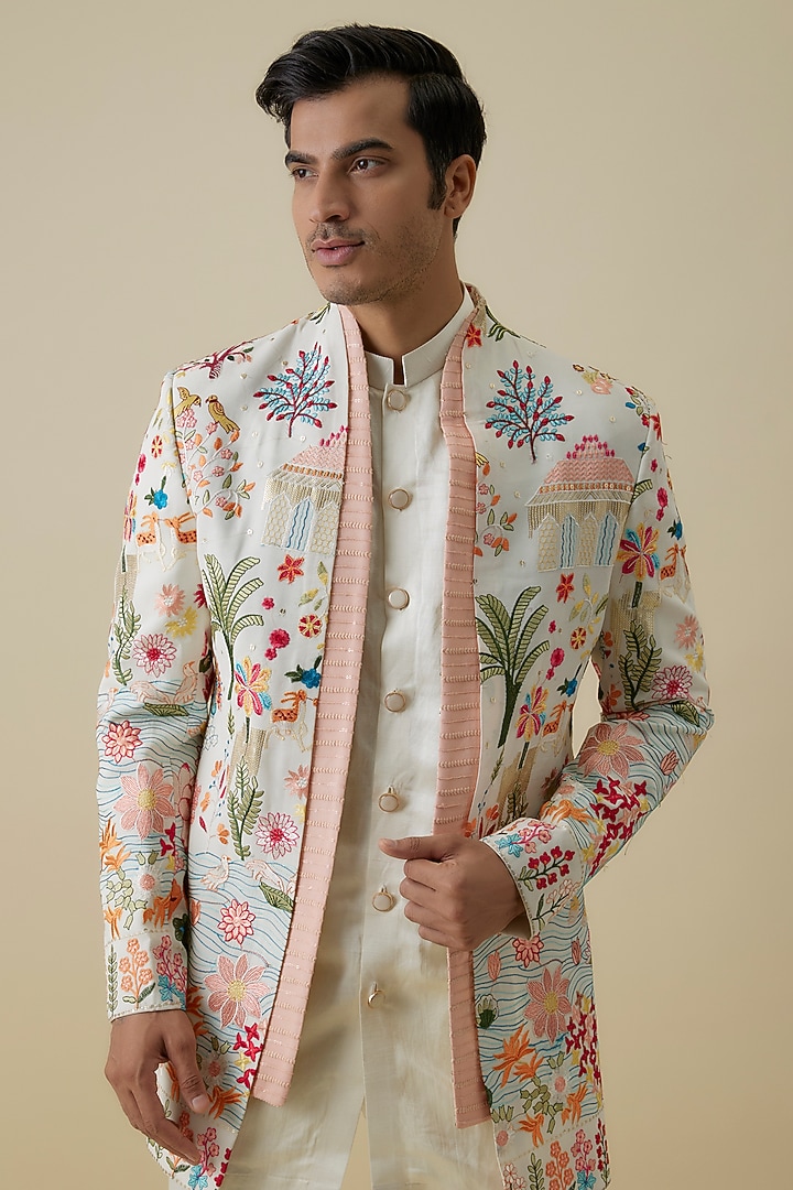 White Georgette Threadwork Open Wedding Indowestern Jacket Set by Nero By Shaifali & Satya at Pernia's Pop Up Shop