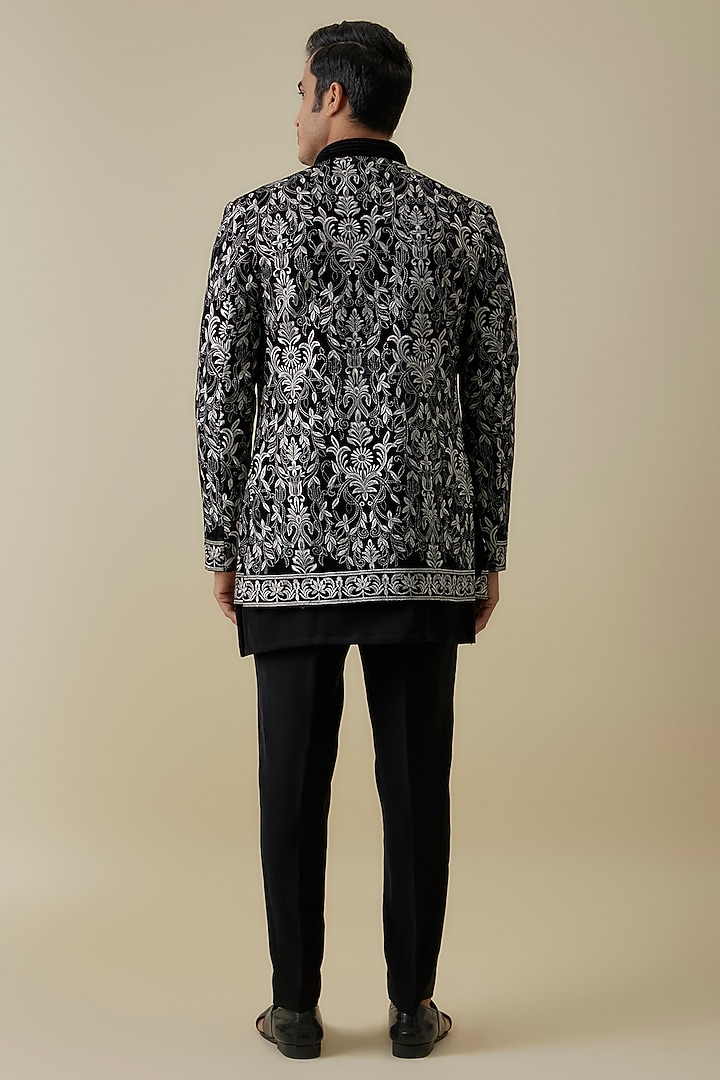 Black Velvet Threadwork Open Wedding Indowestern Jacket Set by Nero By Shaifali & Satya at Pernia's Pop Up Shop