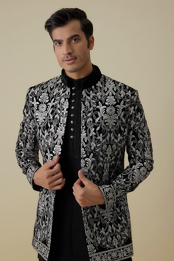 Black Velvet Threadwork Open Wedding Indowestern Jacket Set by Nero By Shaifali & Satya at Pernia's Pop Up Shop