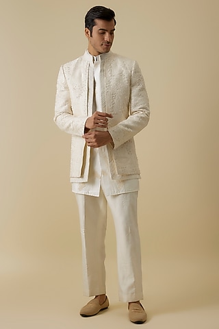 Ivory Lucknowi Handwork Open Indowestern Jacket Set by Nero By Shaifali & Satya