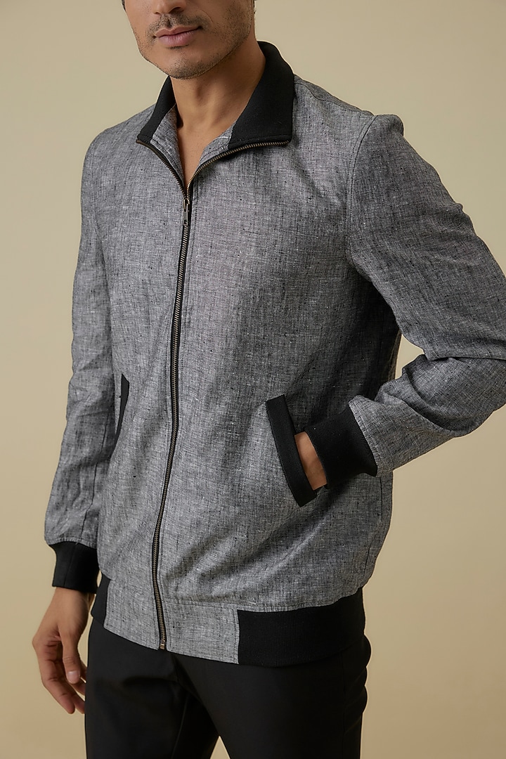 Grey Linen Jacket by Nero By Shaifali & Satya at Pernia's Pop Up Shop