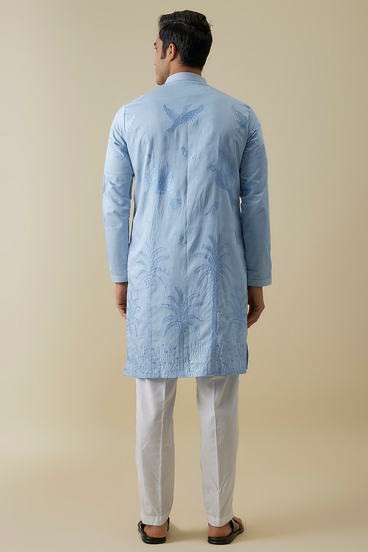 Blue Silk Machine Embroidered Kurta Set by Nero By Shaifali & Satya at Pernia's Pop Up Shop