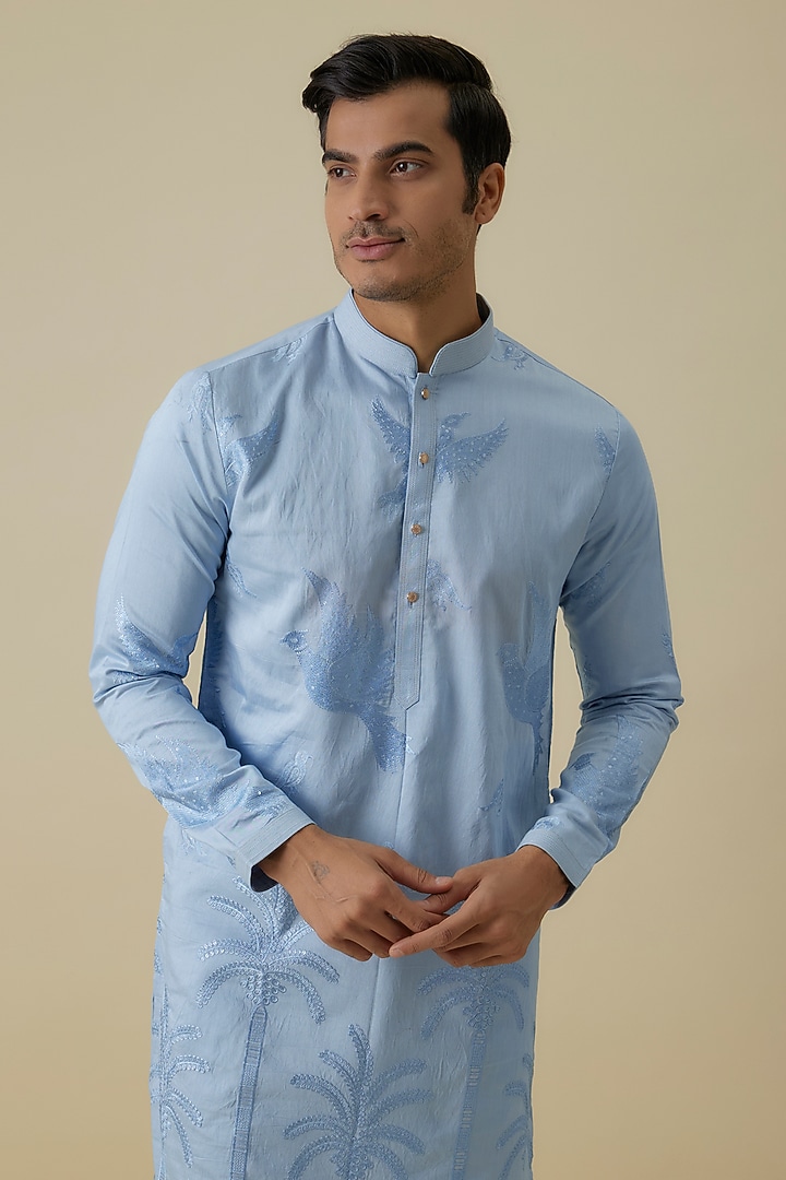 Blue Silk Machine Embroidered Kurta Set by Nero By Shaifali & Satya at Pernia's Pop Up Shop