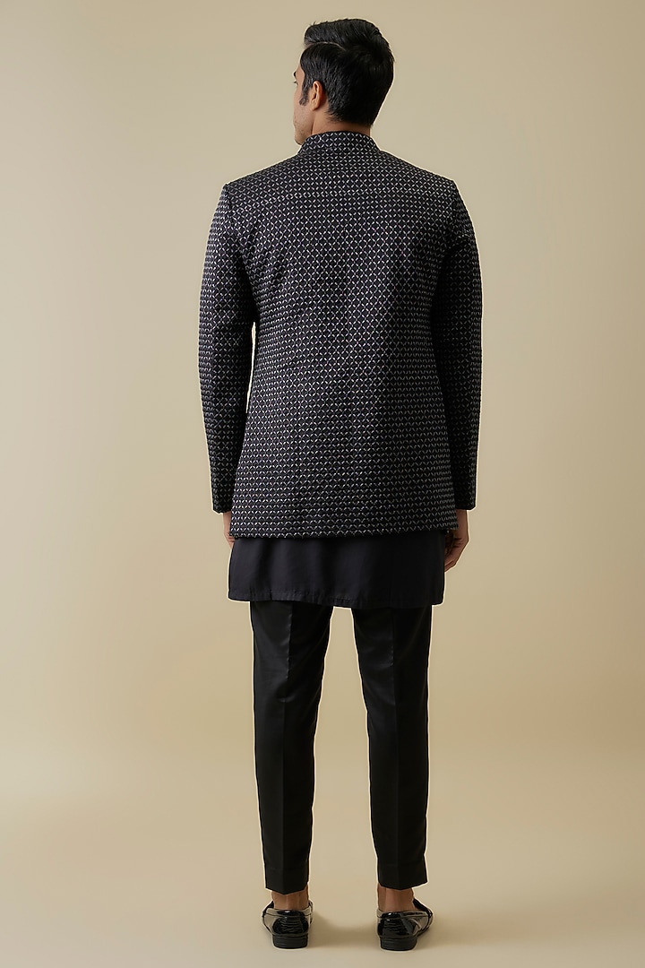 Black Silk Handwork Open Wedding Indowestern Jacket Set by Nero By Shaifali & Satya at Pernia's Pop Up Shop