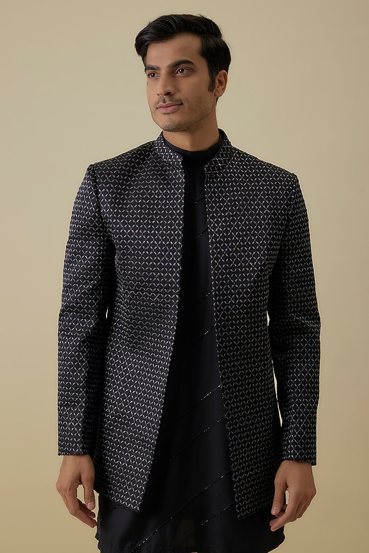 Black Silk Handwork Open Wedding Indowestern Jacket Set by Nero By Shaifali & Satya at Pernia's Pop Up Shop