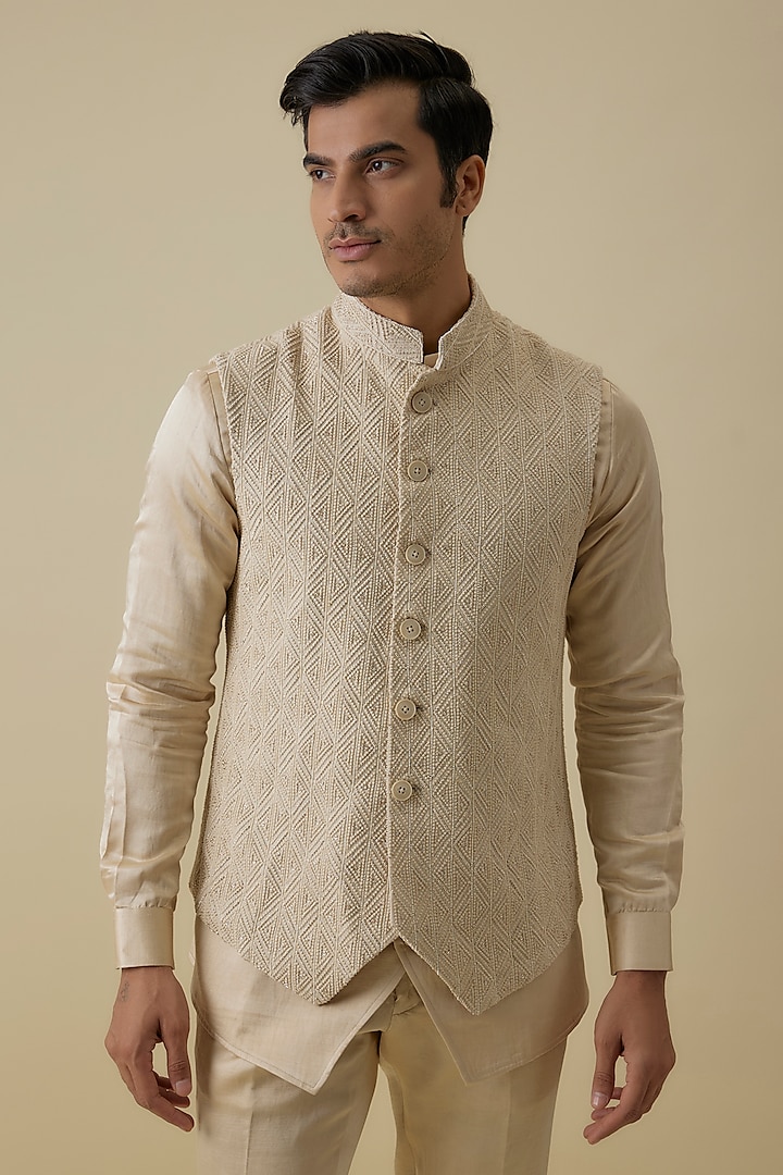 Beige Silk Handwork Bundi Jacket Set by Nero By Shaifali & Satya at Pernia's Pop Up Shop