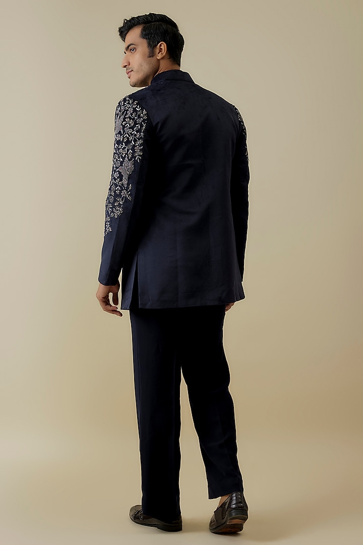 Blue Suede Handwork Wedding Indowestern Jacket Set by Nero By Shaifali & Satya at Pernia's Pop Up Shop