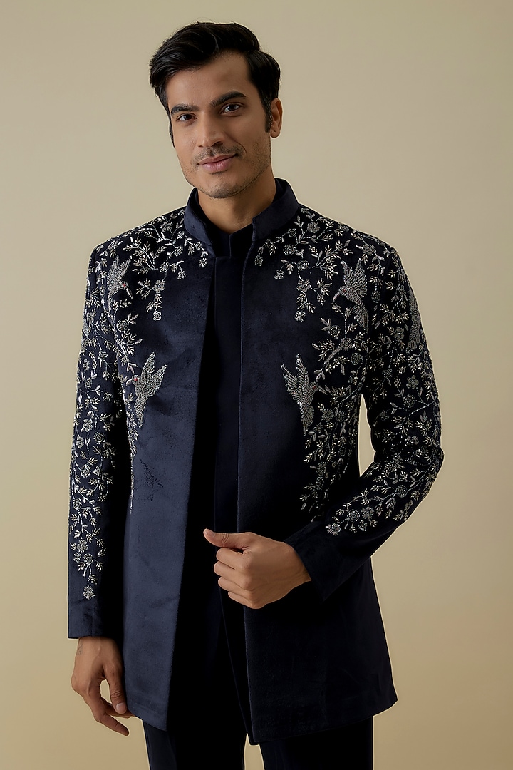 Blue Suede Handwork Wedding Indowestern Jacket Set by Nero By Shaifali & Satya at Pernia's Pop Up Shop