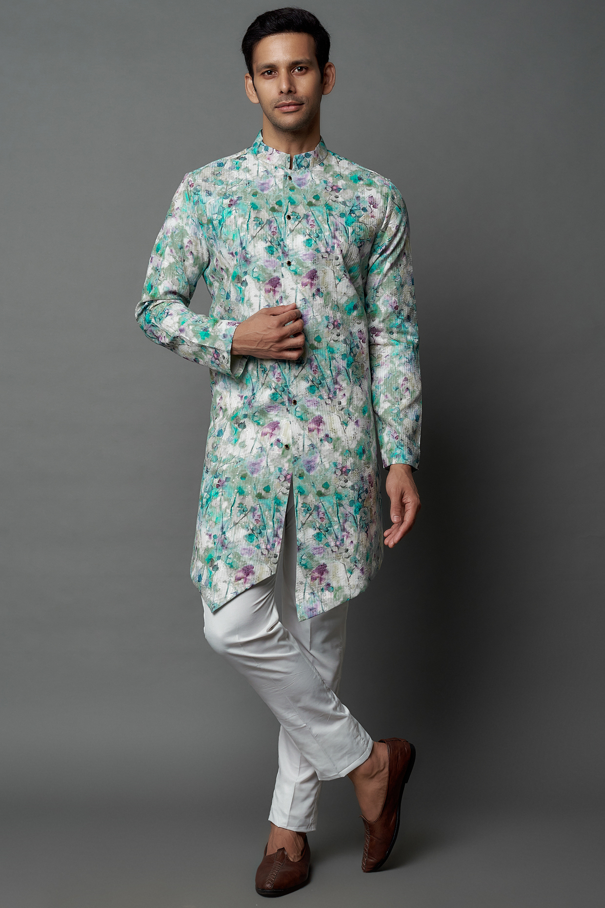 Green Cotton Floral Printed Kurta Set by Nero by Shaifali & Satya