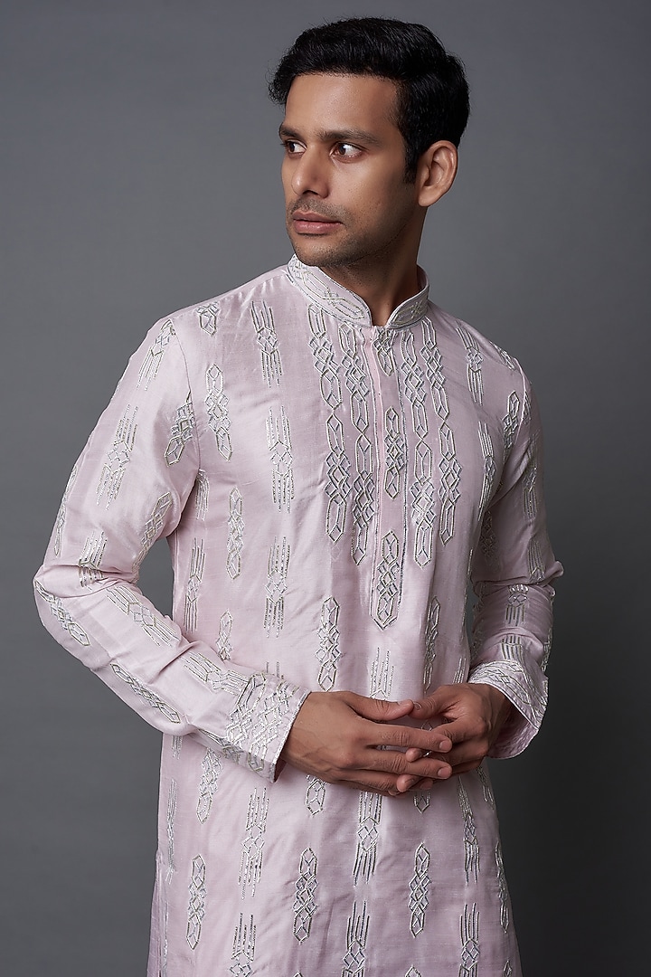 Lilac Pure Banglore Silk Embroidered Kurta Set by Nero by Shaifali & Satya at Pernia's Pop Up Shop