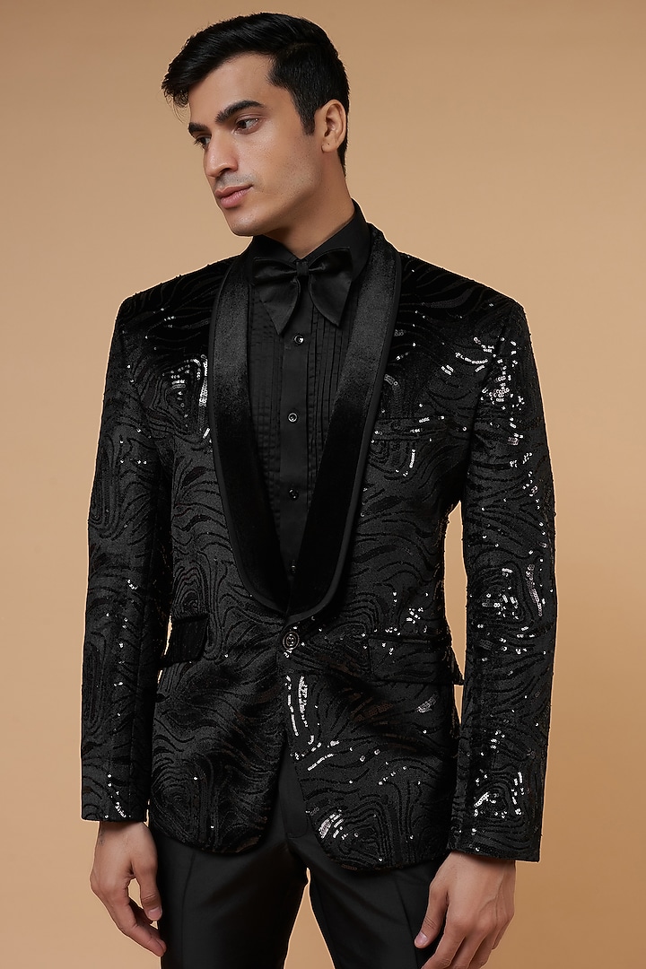 Black Velvet Embroidered Tuxedo Set by Nero by Shaifali & Satya at Pernia's Pop Up Shop