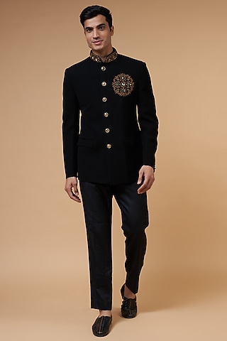 Black Boomaria Hand Embroidered Jodhpuri Jacket Set by Nero by Shaifali & Satya
