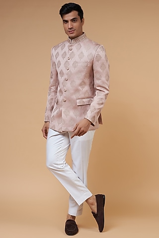 Pink Jacquard Embroidered Jodhpuri Set by Nero by Shaifali & Satya