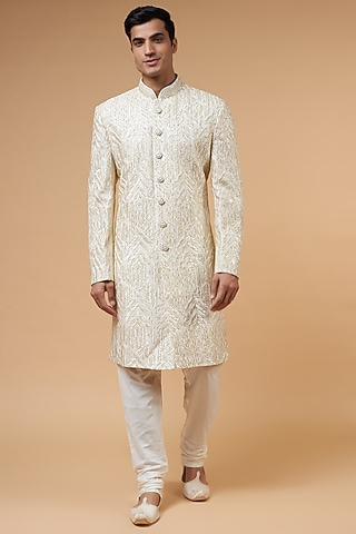 Ivory Dupion Silk Thread Embroidered Sherwani Set by Nero by Shaifali & Satya