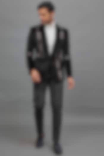 Black Suede Embroidered Tuxedo Set by Nero by Shaifali & Satya