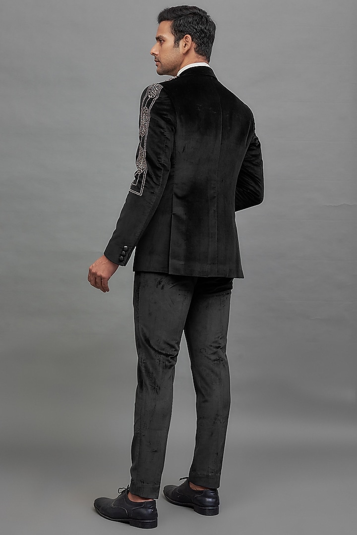 Black Suede Embroidered Tuxedo Set by Nero by Shaifali & Satya at Pernia's Pop Up Shop