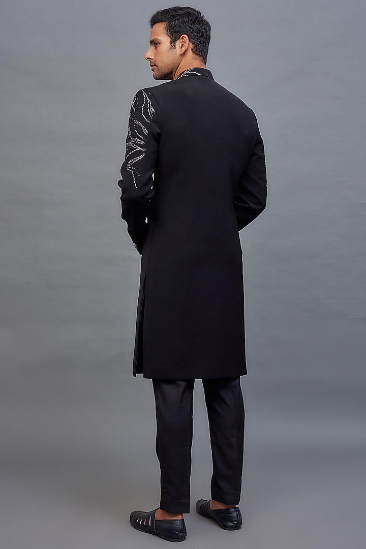Black Boomario Embroidered Wedding Sherwani Set by Nero by Shaifali & Satya at Pernia's Pop Up Shop