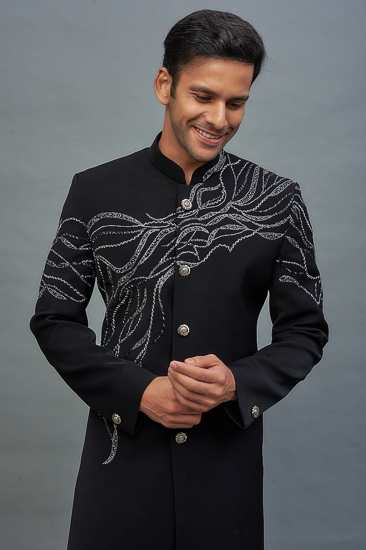 Black Boomario Embroidered Wedding Sherwani Set by Nero by Shaifali & Satya at Pernia's Pop Up Shop
