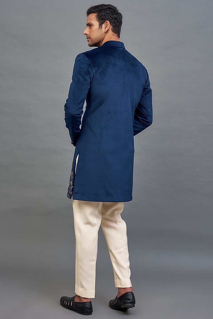 Teal Blue Suede Embroidered Indo-Western Set by Nero by Shaifali & Satya at Pernia's Pop Up Shop