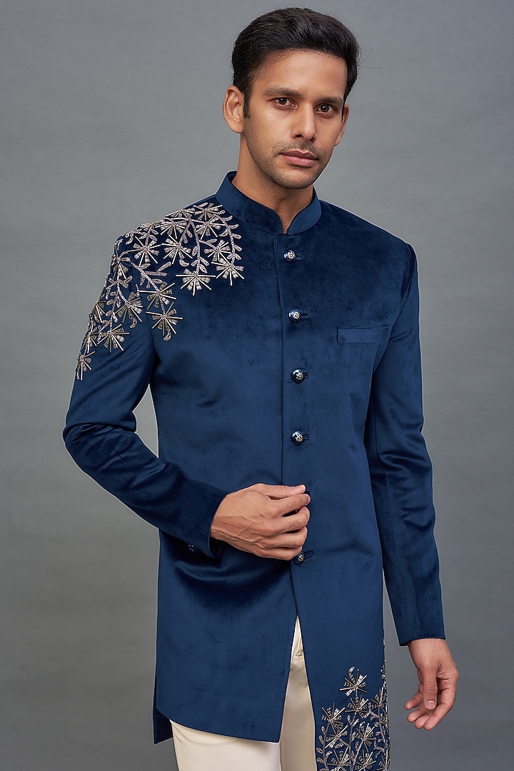 Teal Blue Suede Embroidered Indo-Western Set by Nero by Shaifali & Satya at Pernia's Pop Up Shop